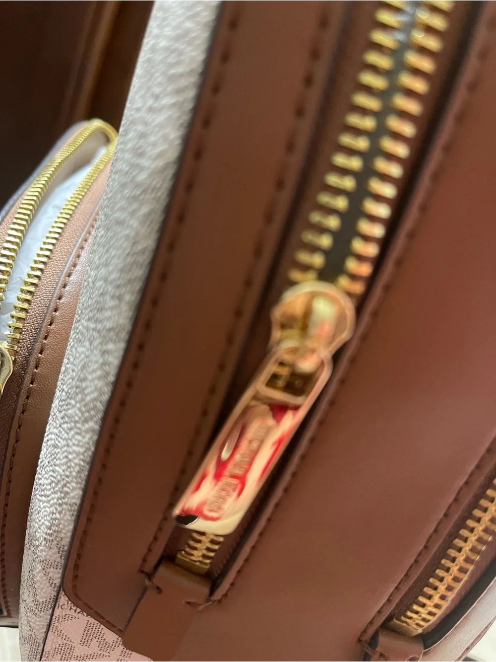 Michael Kors Tan Canvas w/Dark Tan Logo MK Monogram Backpack with Brown Trim